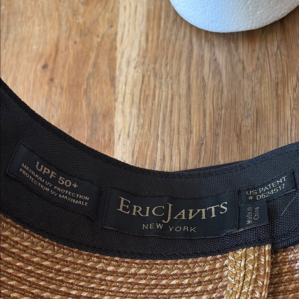 Eric Javits Wide Brim Straw Visor in Tan and Black - Picture 2 of 5